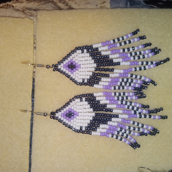 Beaded Fringe Earrings in Black, White, and Purple - Picture 1 of 1